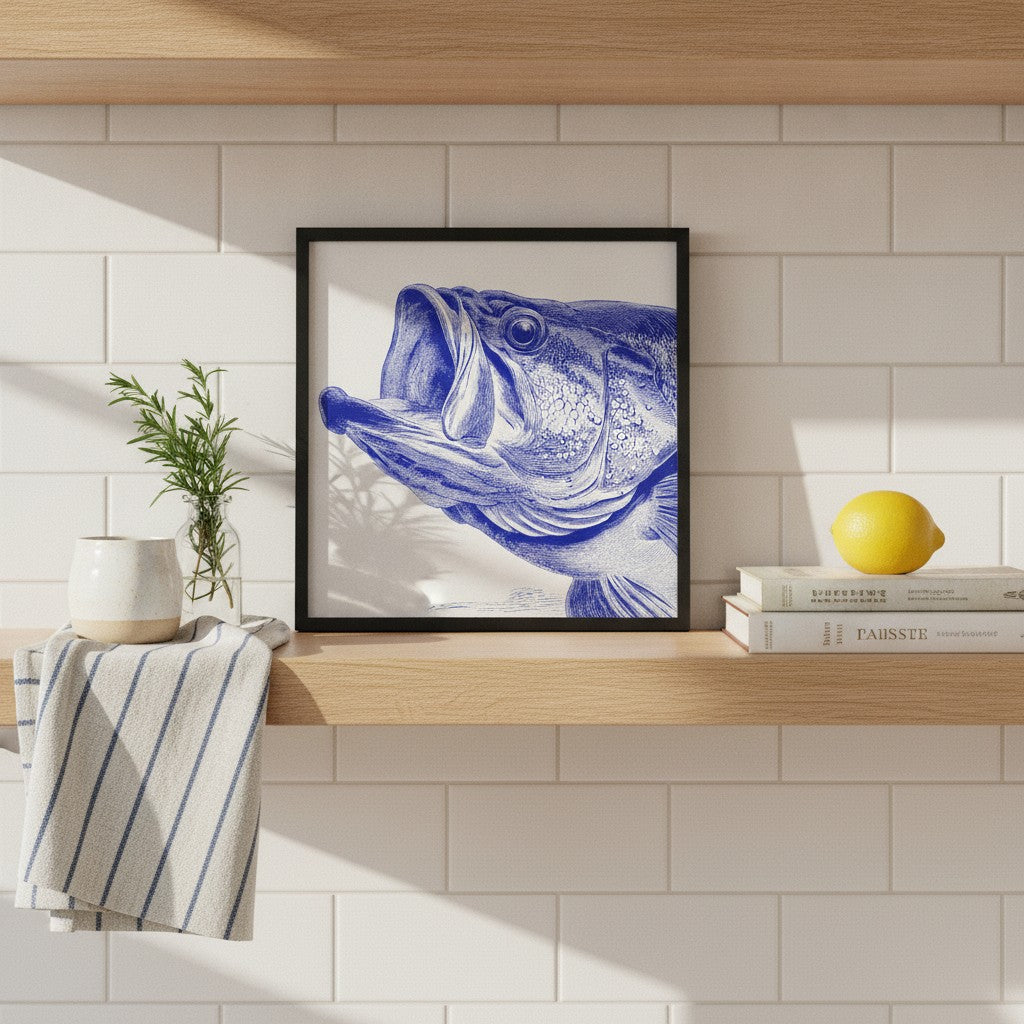 Blue Bass Fish Engraving Art art print shown in a square kitchen open shelf setting