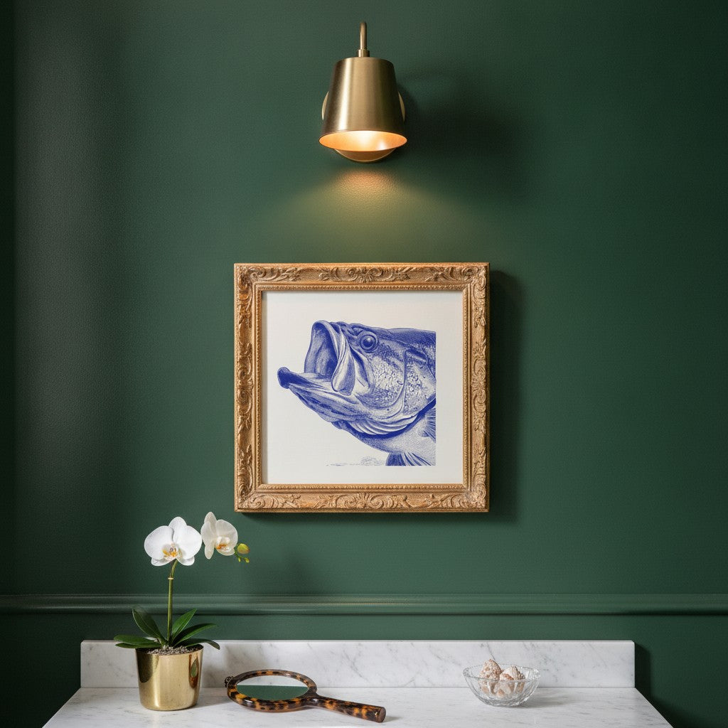 Blue Bass Fish Engraving Art art print shown in a square powder room emerald setting