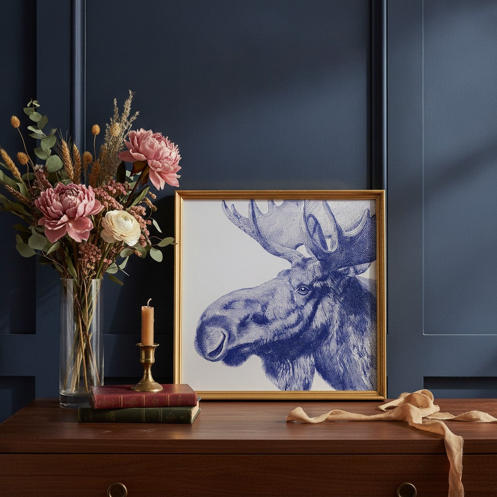 Blue Moose Engraving Art art print shown in a dresser dried florals setting