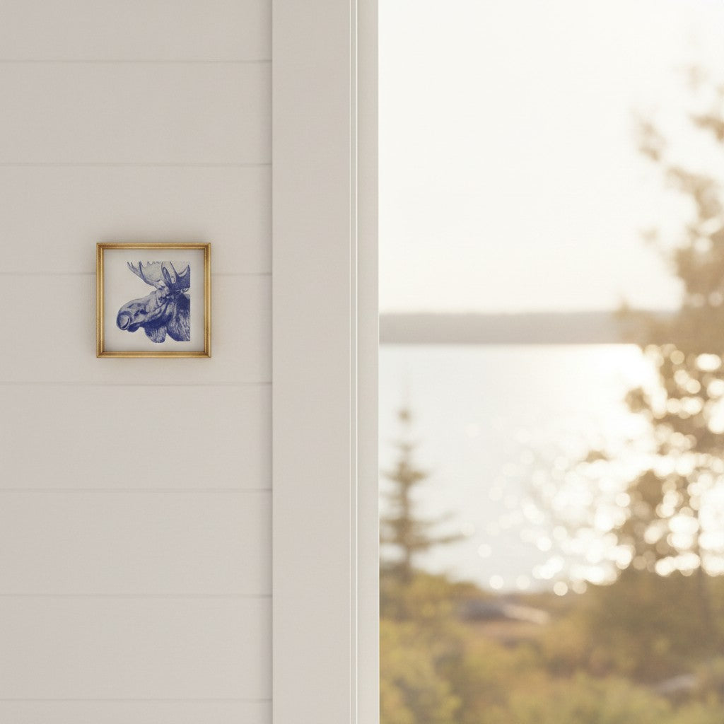 Blue Moose Engraving Art art print shown in a shiplap blurred view setting