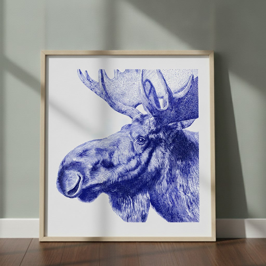 Blue Moose Engraving Art art print shown in a square 2 setting