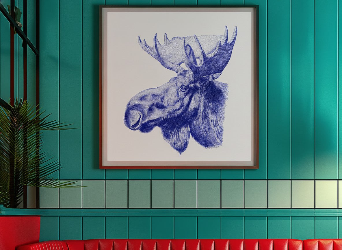Blue Moose Engraving Art art print shown in a square 3 setting