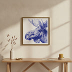Blue Moose Engraving Art art print shown in a square console brass setting