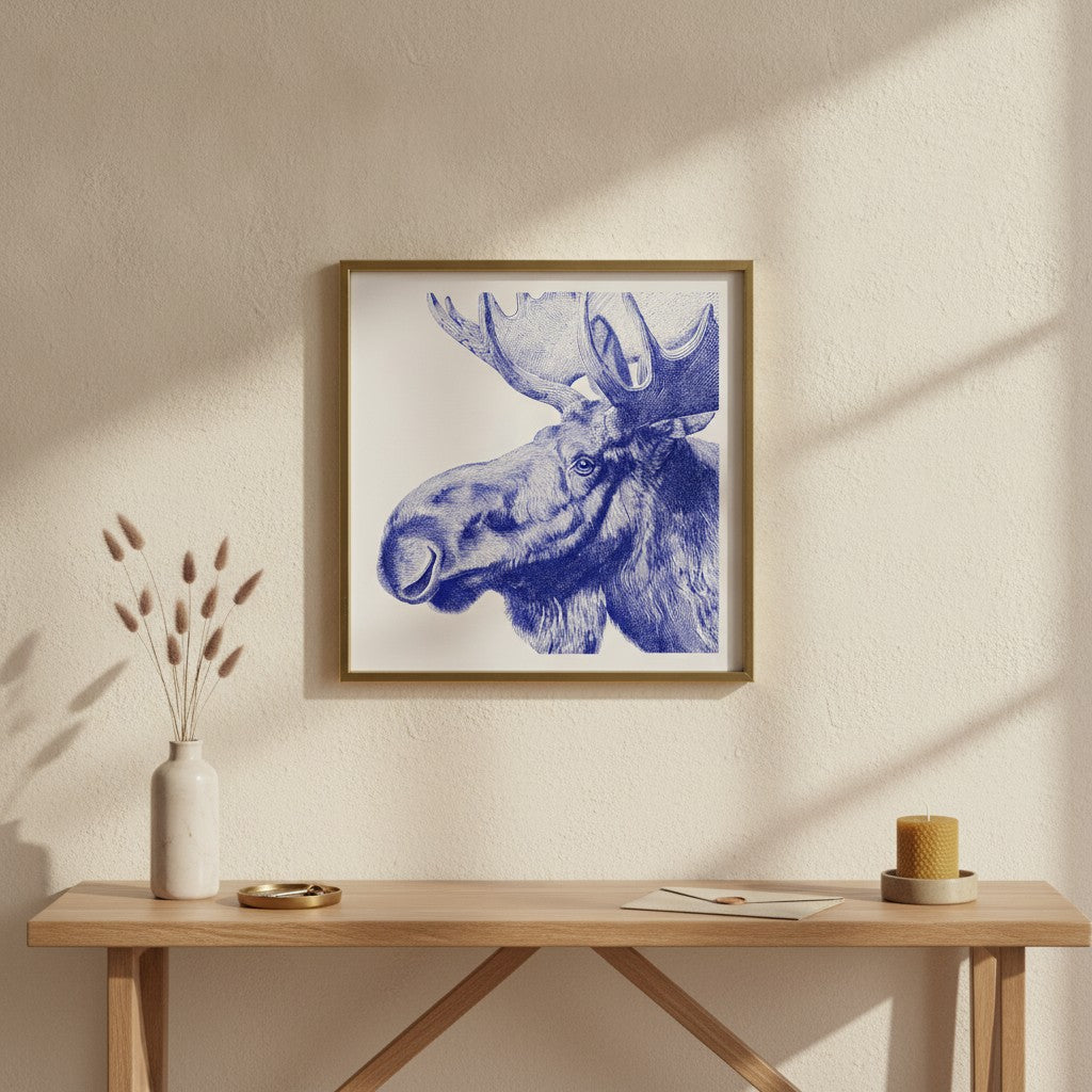 Blue Moose Engraving Art art print shown in a square console brass setting