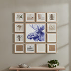 Blue Moose Engraving Art art print shown in a square grid gallery putty setting