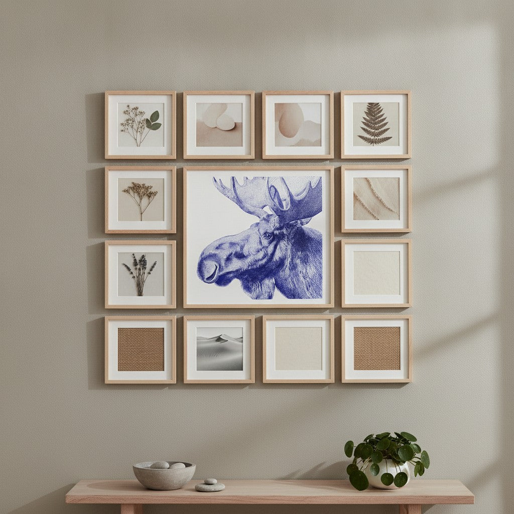 Blue Moose Engraving Art art print shown in a square grid gallery putty setting