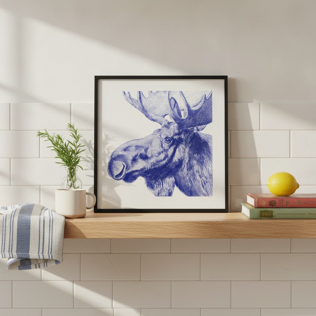 Blue Moose Engraving Art art print shown in a square kitchen open shelf setting