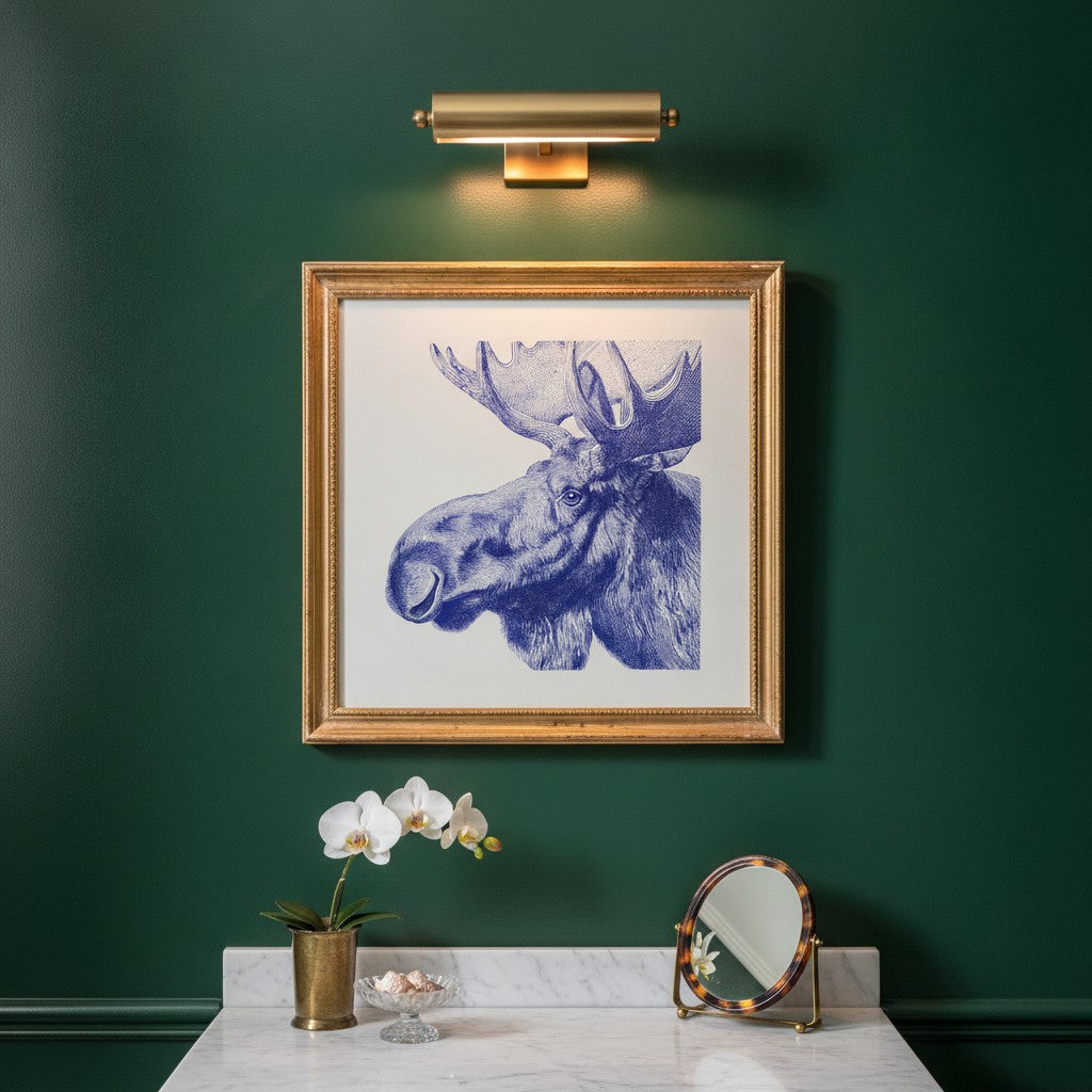 Blue Moose Engraving Art art print shown in a square powder room emerald setting