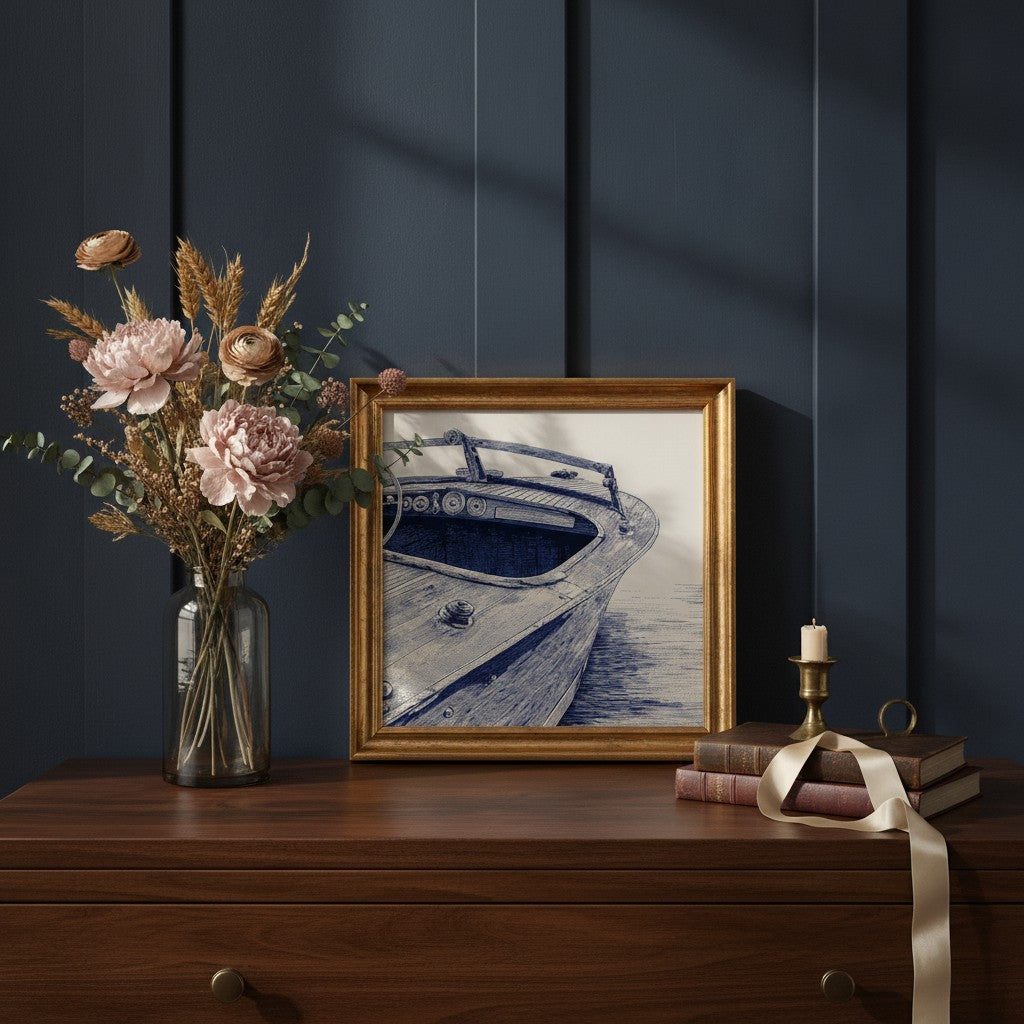 Vintage Wooden Speedboat Art art print shown in a dresser dried florals setting