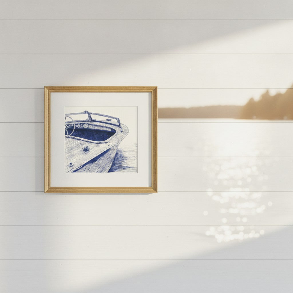 Vintage Wooden Speedboat Art art print shown in a shiplap blurred view setting