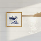 Vintage Wooden Speedboat Art art print shown in a shiplap blurred view setting