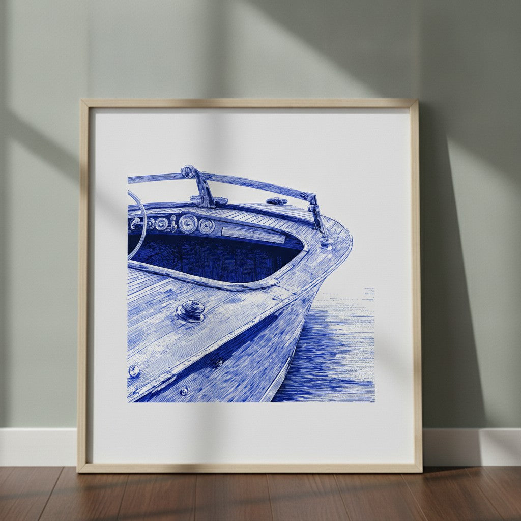 Vintage Wooden Speedboat Art art print shown in a square 2 setting