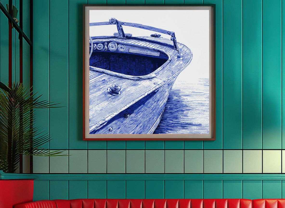Vintage Wooden Speedboat Art art print shown in a square 3 setting