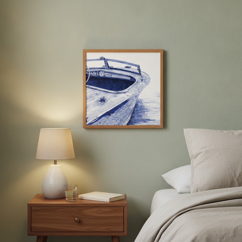 Vintage Wooden Speedboat Art art print shown in a square bedside oak setting