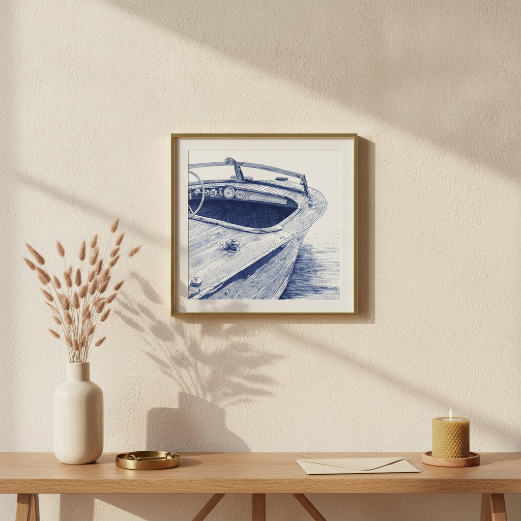 Vintage Wooden Speedboat Art art print shown in a square console brass setting