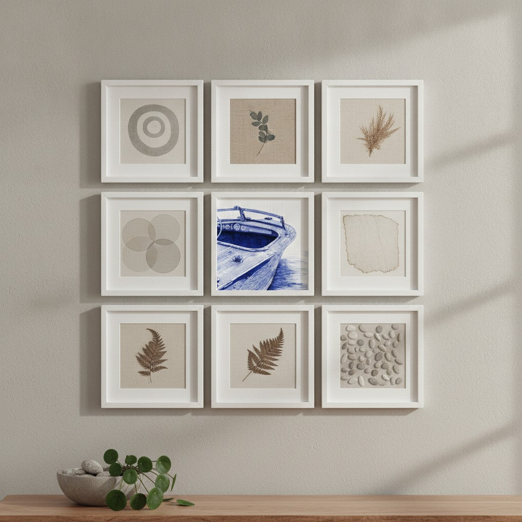 Vintage Wooden Speedboat Art art print shown in a square grid gallery putty setting