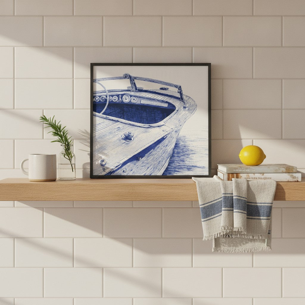 Vintage Wooden Speedboat Art art print shown in a square kitchen open shelf setting
