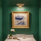 Vintage Wooden Speedboat Art art print shown in a square powder room emerald setting