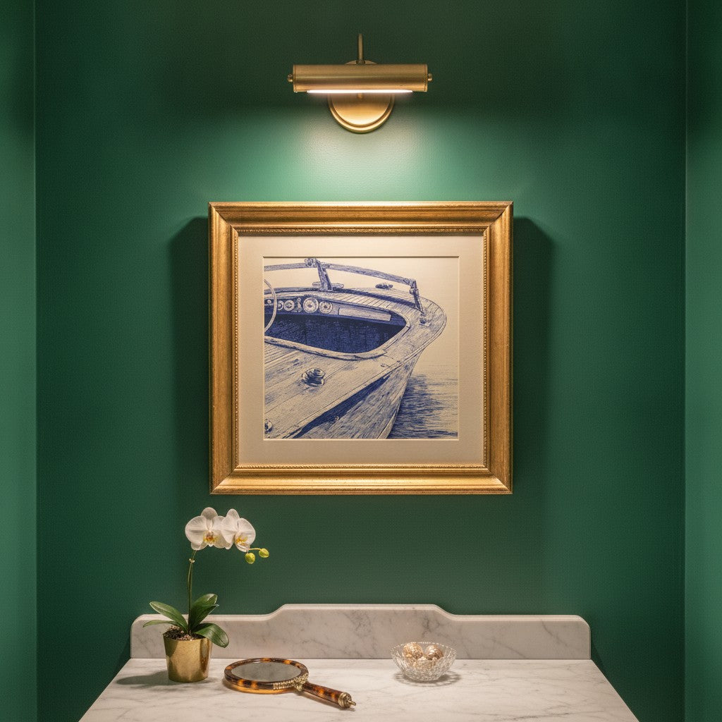 Vintage Wooden Speedboat Art art print shown in a square powder room emerald setting