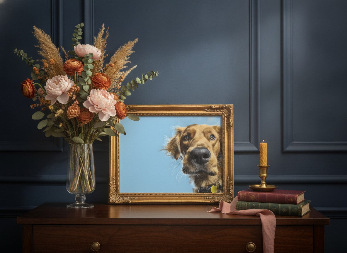 Golden Dog Portrait Art art print shown in a dresser dried florals setting