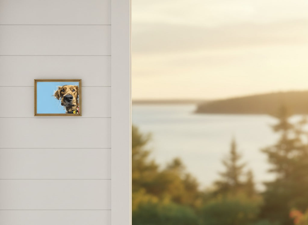 Golden Dog Portrait Art art print shown in a shiplap blurred view setting