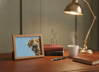 Golden Dog Portrait Art art print shown in a small desk oak setting