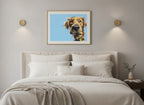 Golden Dog Portrait Art art print shown in a wide above bed brushed brass setting