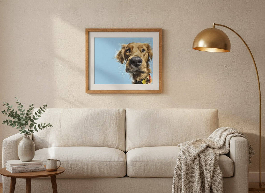 Golden Dog Portrait Art art print shown in a wide above couch oak setting