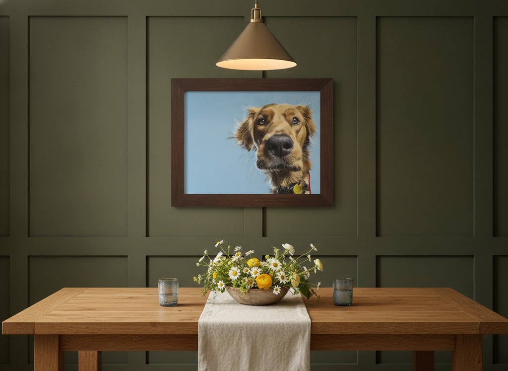 Golden Dog Portrait Art art print shown in a wide dining statement olive setting