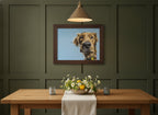 Golden Dog Portrait Art art print shown in a wide dining statement olive setting