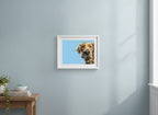 Golden Dog Portrait Art art print shown in a wide hallway gallery coastal setting