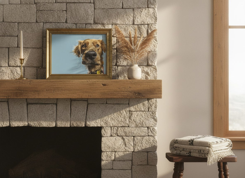Golden Dog Portrait Art art print shown in a wide mantel single brass setting