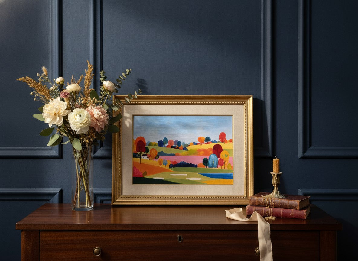 Colorful Folk Art Landscape art print shown in a dresser dried florals setting