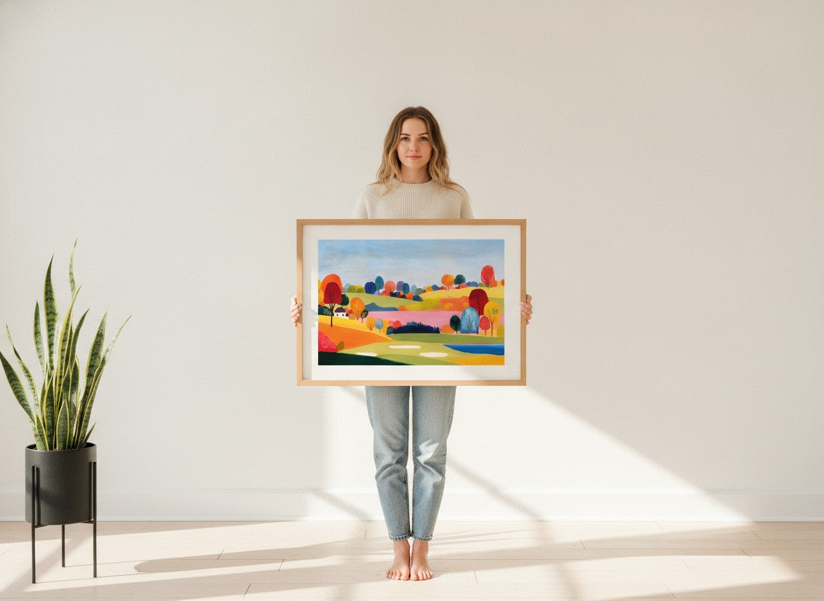 Colorful Folk Art Landscape art print shown in a person holding bright setting