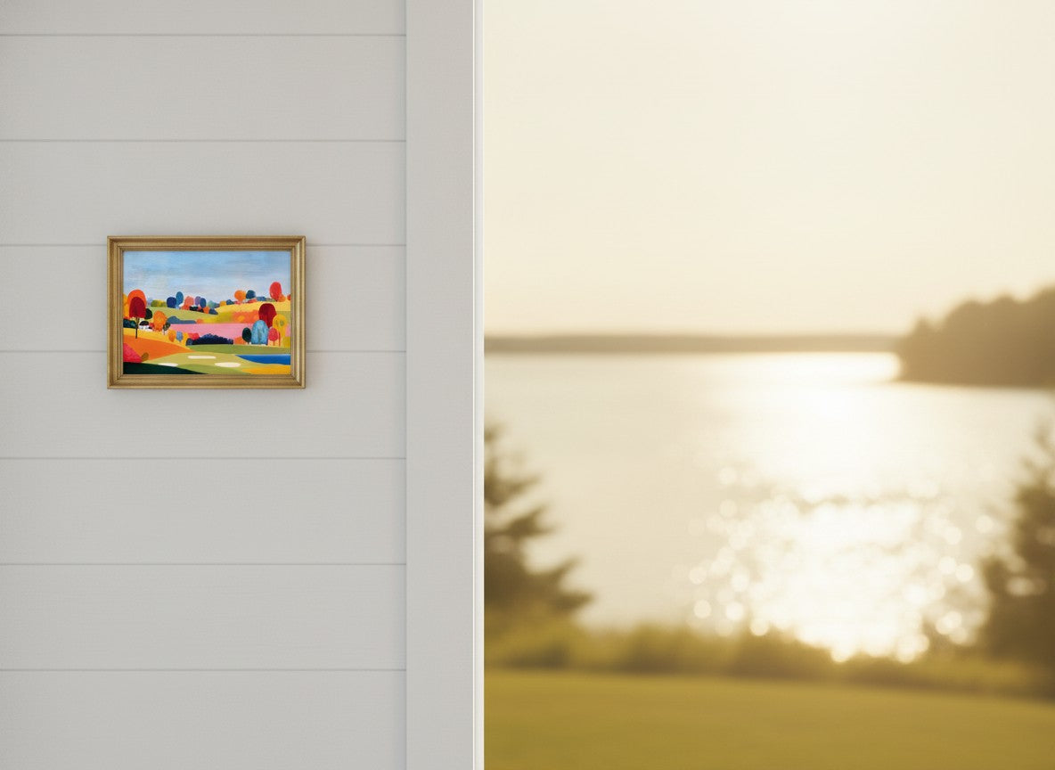 Colorful Folk Art Landscape art print shown in a shiplap blurred view setting
