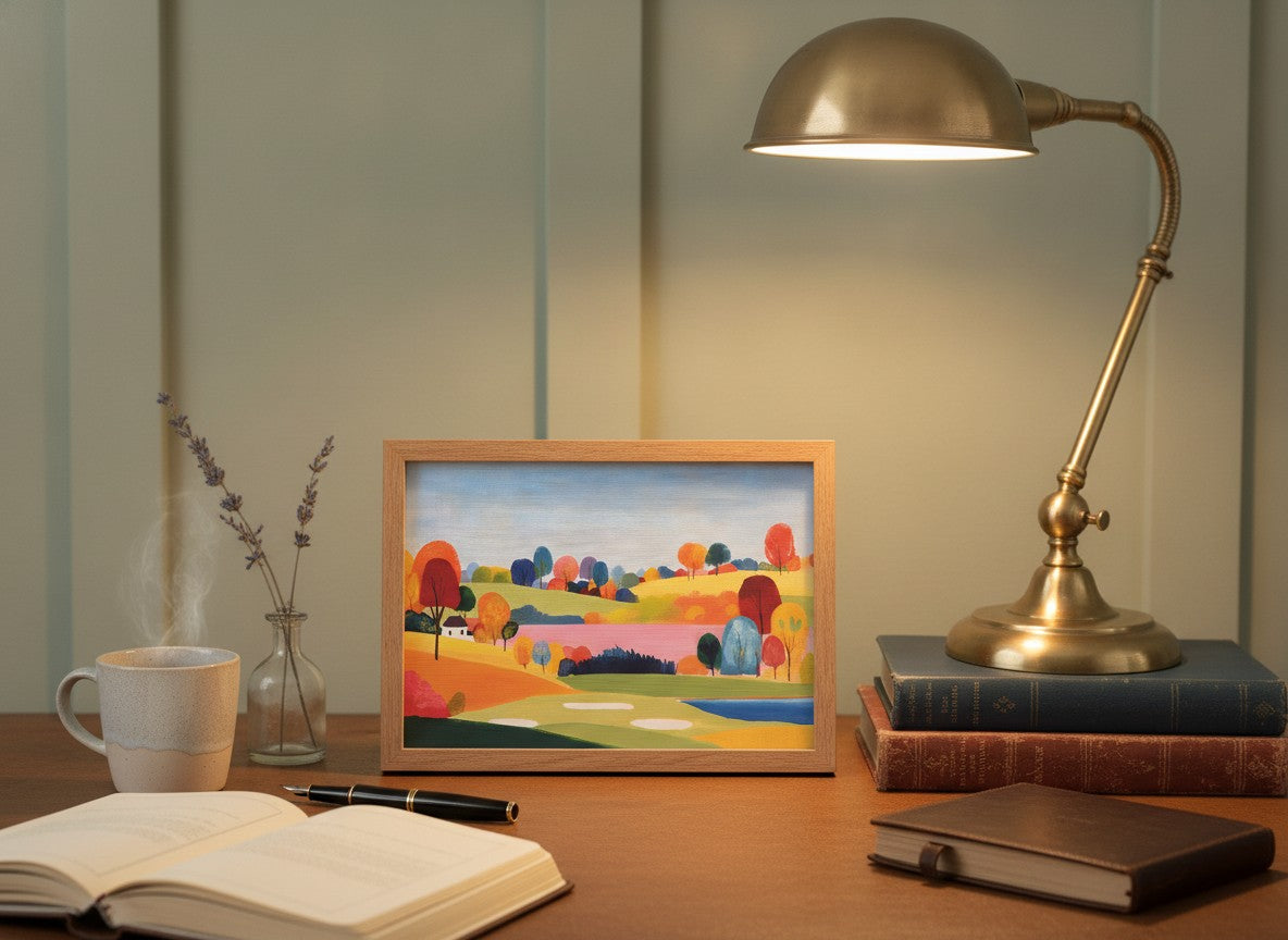 Colorful Folk Art Landscape art print shown in a small desk oak setting