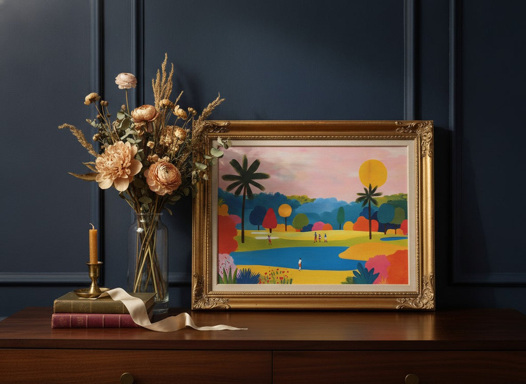 Colorful Golf Course Landscape Art art print shown in a dresser dried florals setting