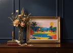 Colorful Golf Course Landscape Art art print shown in a dresser dried florals setting