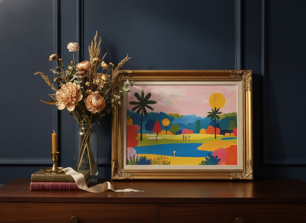 Colorful Golf Course Landscape Art art print shown in a dresser dried florals setting