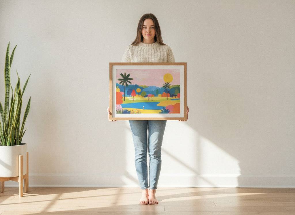 Colorful Golf Course Landscape Art art print shown in a person holding bright setting