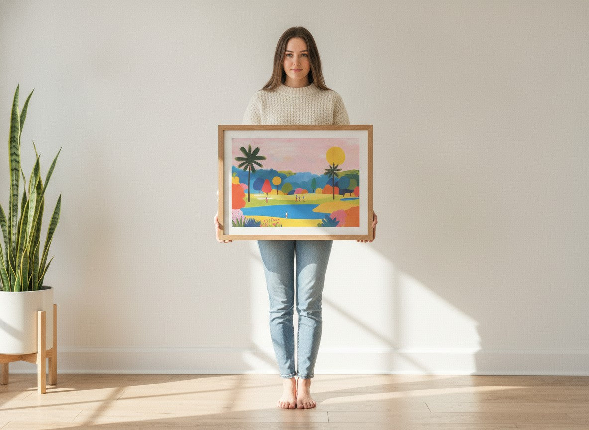 Colorful Golf Course Landscape Art art print shown in a person holding bright setting