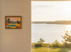 Colorful Golf Course Landscape Art art print shown in a shiplap blurred view setting
