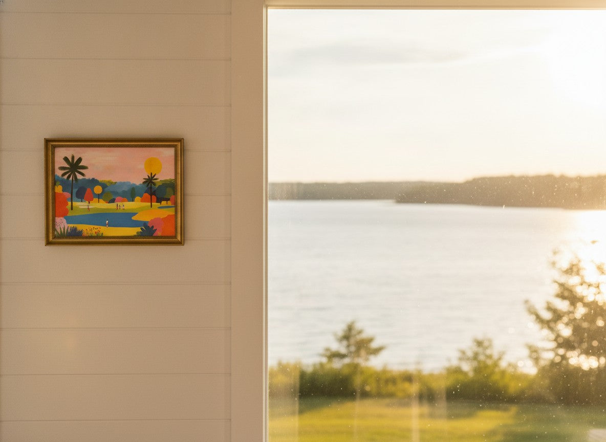 Colorful Golf Course Landscape Art art print shown in a shiplap blurred view setting