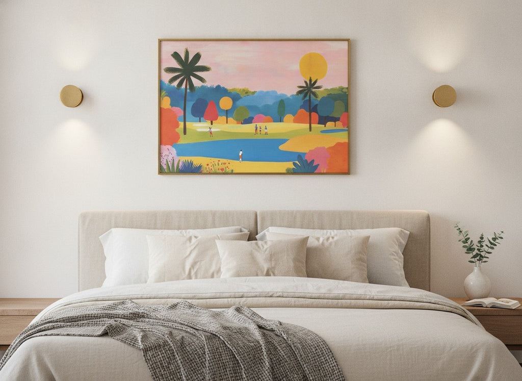 Colorful Golf Course Landscape Art art print shown in a wide above bed brushed brass setting