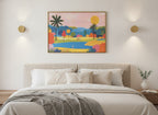 Colorful Golf Course Landscape Art art print shown in a wide above bed brushed brass setting