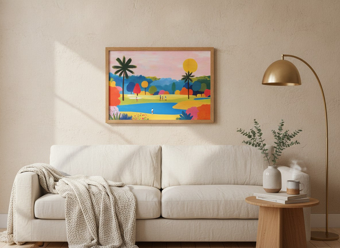 Colorful Golf Course Landscape Art art print shown in a wide above couch oak setting