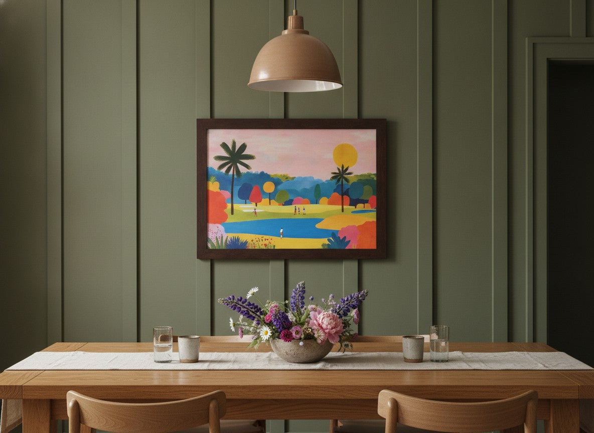 Colorful Golf Course Landscape Art art print shown in a wide dining statement olive setting