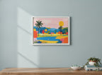 Colorful Golf Course Landscape Art art print shown in a wide hallway gallery coastal setting