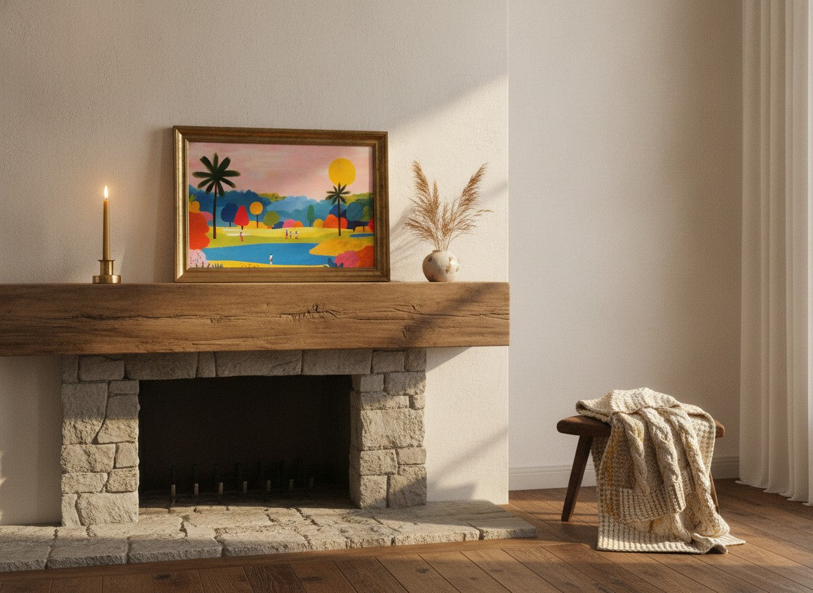 Colorful Golf Course Landscape Art art print shown in a wide mantel single brass setting