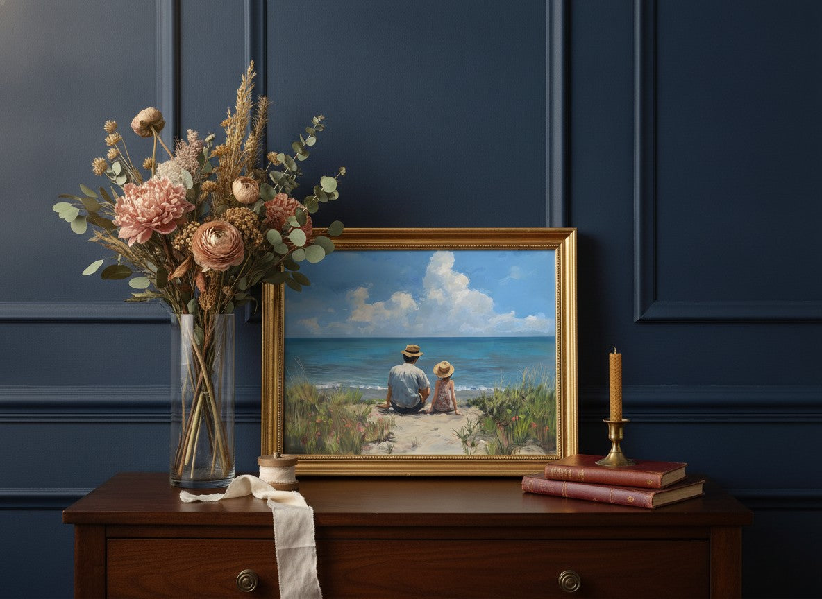 Father Daughter Beach Art art print shown in a dresser dried florals setting